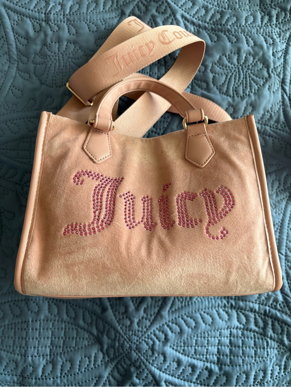 Juicy Couture Blush Pink Crystal-Logo Suede Tote with Branded Strap